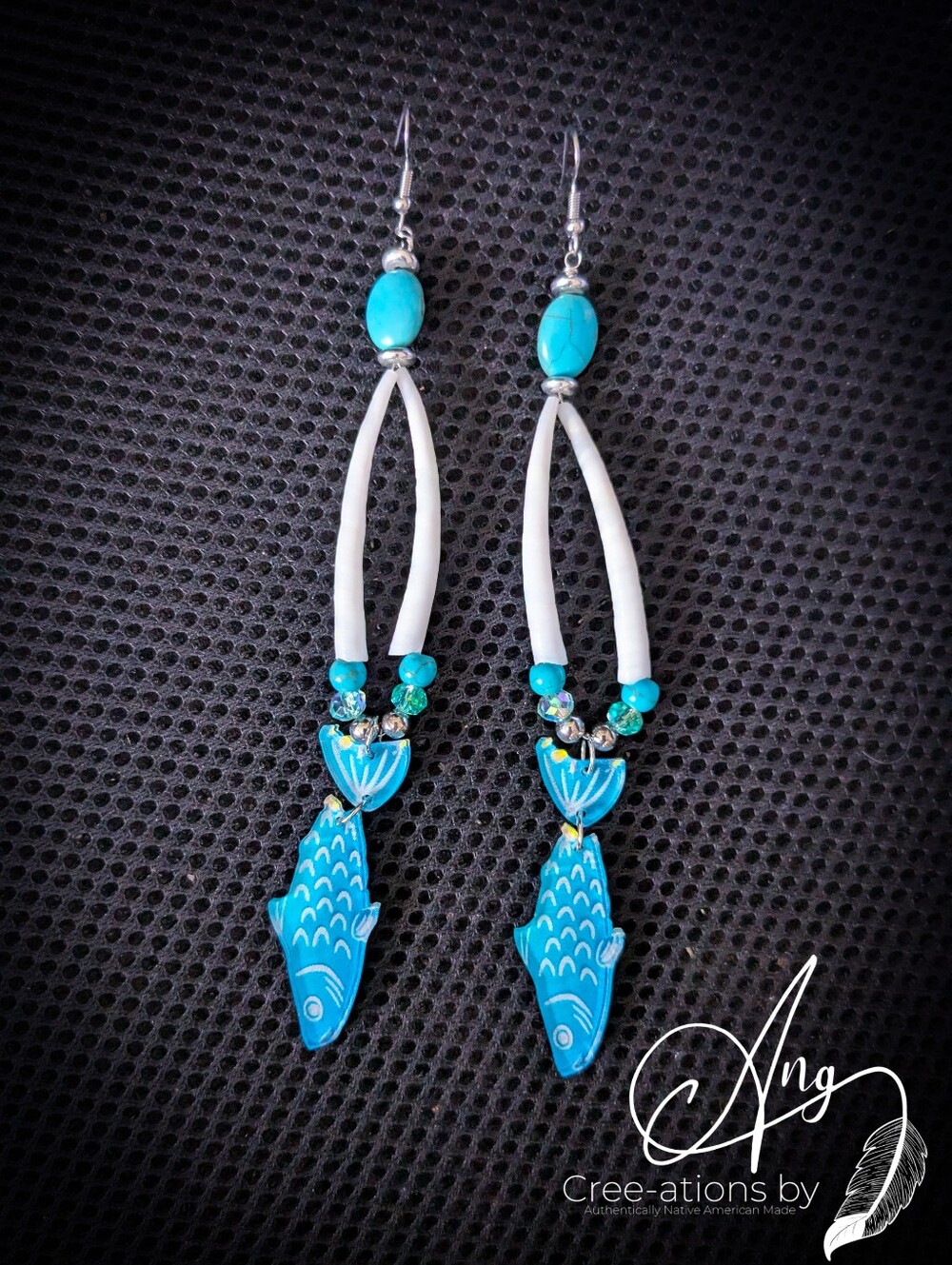 Native American Handmade Turquoise Fish And Tusk Shell Dangle Earrings